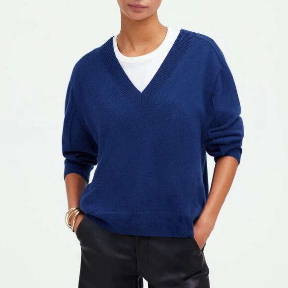 NWT Madewell 100% Cashmere V-Neck Sweater Relaxed Fit Bright Cobalt Blue Large - Picture 1 of 9